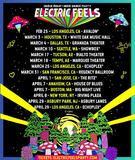 Electric feels - Los Angeles, CA. Buy Tickets. Electric Feels is an experience driven dance party that plays everything from indie rock to electronic dance music all night with amazing DJs, stage production and more! It’s a party with a festival feel. Our DJs will be playing music from artists like…. Tame Impala • MGMT • The Killers • Miike Snow ...